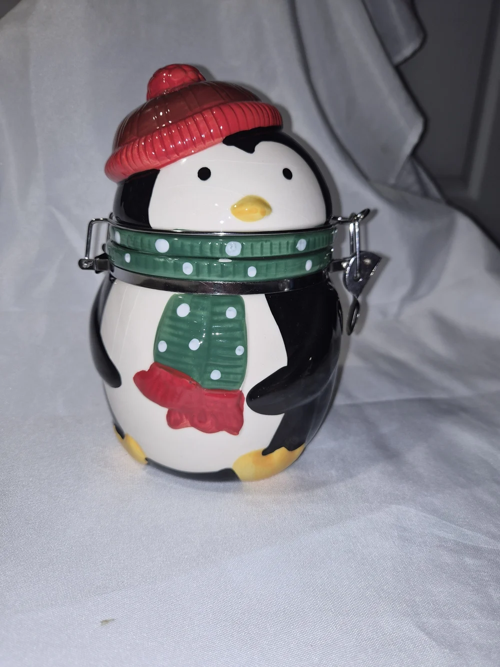 Holiday Penguin Ceramic Cookie Jar - Green & Red